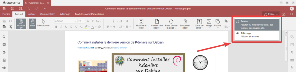 OnlyOffice 8.1 -Changement mode Lecteur/Editeur PDF