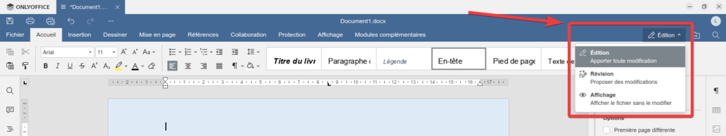 OnlyOffice 8.1 - changement mode document