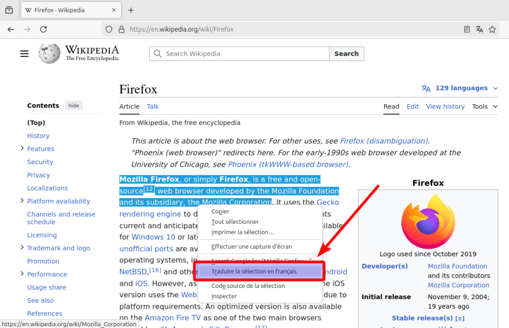 Firefox 128 - Traduction selection 1