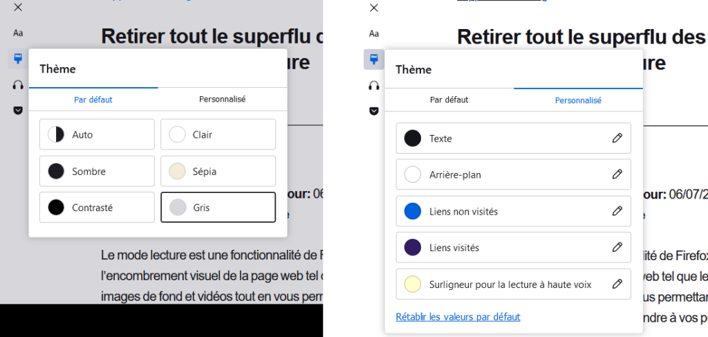 Firefox 129 - mode lecture - personnalisation thème